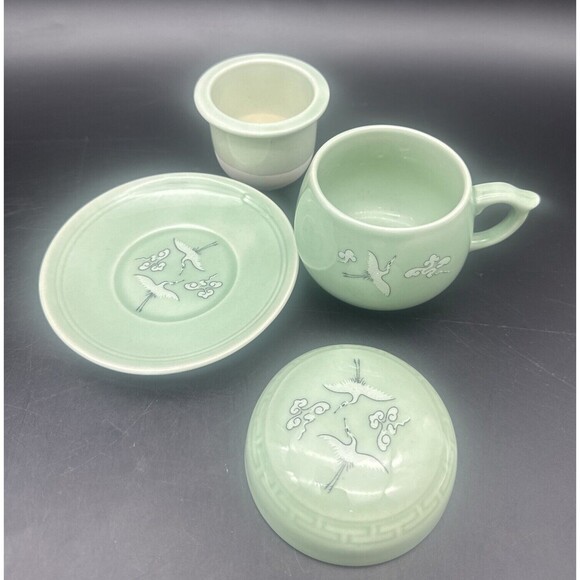 VTG Korean Celadon Soft Green Glaze Flying Crane Tea Cup Set Service For 2 - Picture 3 of 16